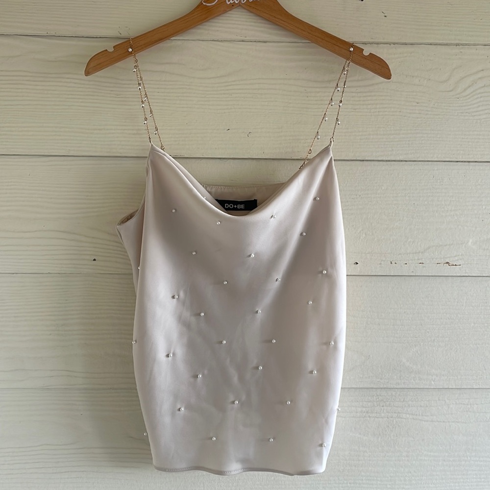 Cream cowl neck blouse with pearls